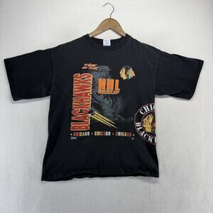 Vintage Chicago Blackhawks Shirt Boys 18-20 Black Graphic Made In USA Salem 90s